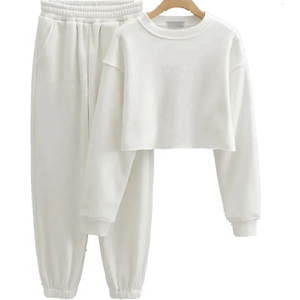 Fitness para mujer 100% algodón transpirable ligero recortado con capucha y cintura elástica Jogging Pant Set - Product Image 1