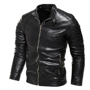 Nouvelle veste de moto en cuir PU noir pour homme, col montant, fermeture éclair, coupe ajustée, style motard, pour l'automne - Product Image 1