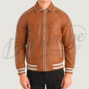 Chaqueta Bomber de Cuero Genuino Marrón para Hombre con Ribete Blanco, Cuello Camisero Clásico y Puños Acanalados a Rayas - Product Image 3