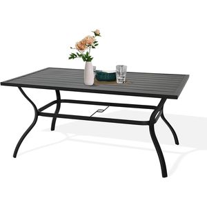 Tavolo da bistrot rettangolare a doghe in metallo da esterno con foro per ombrellone elegante da giardino - Product Image 1
