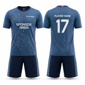 ชุดเสื้อฟุตบอลแบบกำหนดเอง ยูนิเซ็กซ์ สีน้ำเงิน พิมพ์ลายแบบซับลิเมชั่น ระบายอากาศได้ดี ผ้าโพลีเอสเตอร์ตาข่าย แขนสั้น ชุดทีม - Product Image 2