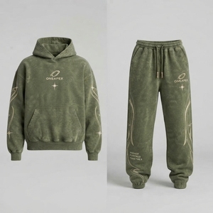 Men's <b>Oversized</b> Olive Green Acid Wash Hoodie Tracksuit Sets Heavyweight Streetwear Cotton <b>Jogger</b> Matching Sweat Suit Custom - Product Image 2