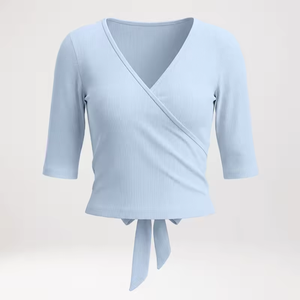 Camiseta de Mujer con Cuello en V, Acanalada, con Abertura Frontal, Manga Corta, Ajustada, para Yoga y Baile - Product Image 4