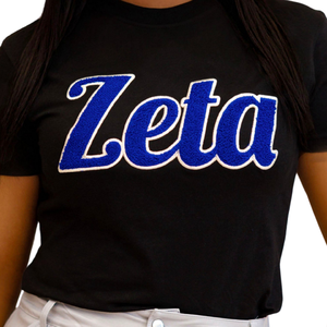 T-shirt en chenille noir Zeta Phi Beta pour femme, avec inscription Zeta, lettres grecques, broderie de la sororité, t-shirt décontracté - Product Image 6