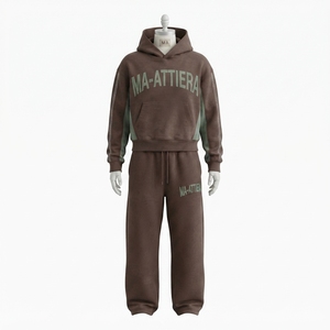 Ensemble survêtement personnalisé pour femme, sweat à capuche et pantalon de survêtement, délavé à l'acide, marron et vert, color block, OEM, vente en gros - Product Image 3