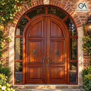 Porte d'entrée double en bois massif cintrée de luxe avec panneaux latéraux et transom en verre pour villas personnalisées GA-39S - Product Image 1