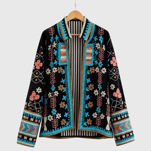 Hand Embroidered Floral <b>Velvet</b> <b>Jacket</b> Full Sleeve Stand Collar Prairie Chic Autumn Wear for <b>Women</b> Regular Length 100% Polyester - Product Image 2