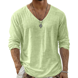 Venta al por mayor de tops de playa para hombre, de punto sólido de 180 g, ligeros, con textura, cuello en V, manga larga, formales, transpirables y de corte ajustado, directamente de fábrica. - Product Image 3