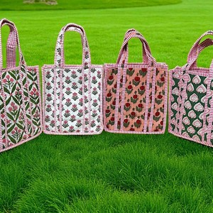 Cotton Fabric Patchwork <b>Mini</b> <b>Tote</b> <b>Bag</b> With Floral Print Two Handles Reusable Casual Handbag For Women Daily Use - Product Image 4