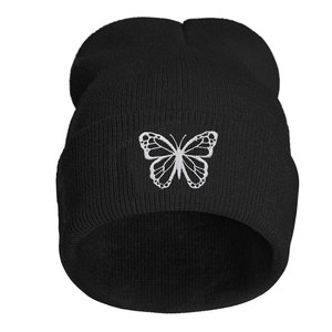 Black Beanie <b>Hat</b> with White Butterfly Embroidery Unisex Winter <b>Warm</b> Cap Casual Style Adult Size 56-58CM - Product Image 1