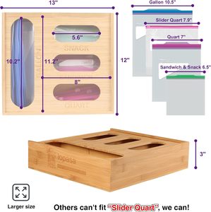 Bamboo Elegant Eco-Friendly Multifunction Food Storage Bag <b>Organizer</b> 4-Slot Ziplock Dispenser <b>Kitchen</b> <b>Drawer</b> Wall Mount Gallon - Product Image 5