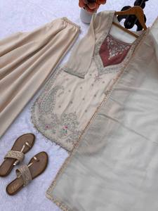 Conjunto de Traje Sharara Beige Bordado con Dupatta de Malla con Lentejuelas de Secado Rápido para Todas las Estaciones, Salwar Kameez para Mujer - Product Image 6
