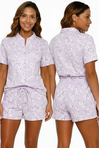 Ensemble pyjama à manches courtes pour femmes, imprimé géométrique vert, avec col rabattu, fermeture à boutons, vêtements de nuit d'été - Product Image 4