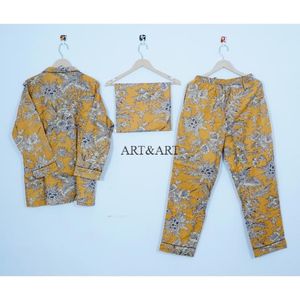 Ensemble de pyjama élégant pour femmes en coton, imprimé à la main avec un motif floral, vêtements de nuit confortables, vêtements de fête, lavables, naturels, indiens - Product Image 5