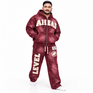Washed Chenille Men's Tracksuit with Fleece Zip Hooded <b>Jacket</b> Wide-Leg Pants <b>Rhinestone</b> Custom Labels Streetwear Apparel - Product Image 1
