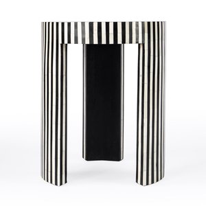 Round <b>Black</b> White Striped Resin Inlay Side Table Contemporary Wooden End Table with Geometric Pattern Standing Type Furniture - Product Image 5