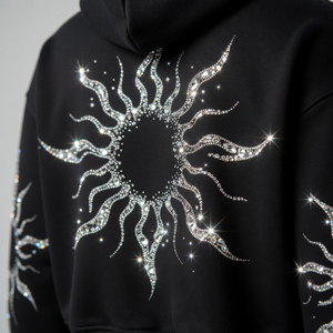 Custom Flame Graphic Printing <b>Black</b> Fleece <b>Zip</b>-<b>up</b> <b>Hoodie</b> and Joggers Set with Silver Glitter Sun Tracksuit For Streetwear - Product Image 3