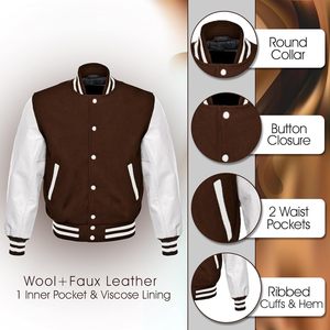 Men's Brown Varsity <b>Jacket</b> With <b>White</b> Sleeves And Striped Cuffs Casual PU Leather Letterman <b>Jacket</b> Autumn Wear - Product Image 4