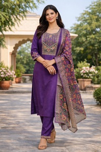 Meilleure collection de kurtis pour femmes en violet, ensemble en coton et soie à manches 3/4, entièrement cousu pour les occasions régulières et festives - Product Image 2