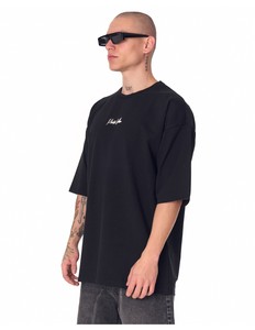 Men's Oversized Black T-Shirt With <b>White</b> Logo Print Street Style Short Sleeve O-Neck Cotton Jersey <b>Tee</b> - Product Image 4