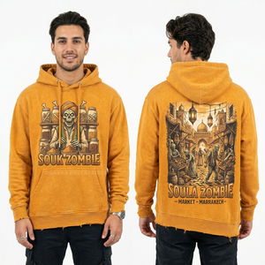 Sweat à capuche Souk Zombie personnalisé jaune moutarde délavé à l'acide pour homme, motif scène du marché de Marrakech, streetwear, coupe ample et vieillie - Product Image 1