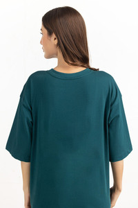 T-shirts amples en coton pour femmes, couleur vert-bleu foncé, col rond rouge, pour impression personnalisée, respirants - Product Image 2