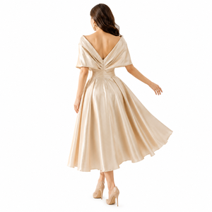 Champagne Satin off Shoulder A-Line Midi <b>Dress</b> Women Elegant Line Evening Party <b>Vintage</b> Cocktail <b>Wedding</b> <b>Guest</b> <b>Dress</b> - Product Image 3