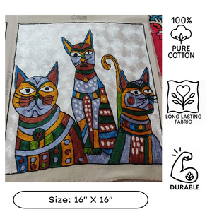 Square Bohemian Kashmiri Aari Hand Embroidered 16" Cotton Cushion Cover Silk Thread <b>Cat</b> Design Eco-Friendly for Home Hotel - Product Image 3