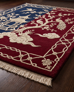 Tapis en laine rectangulaire à motif mosaïque en blocs, motif grue orientale rouge marine, bordure florale décorative, antidérapant, écologique - Product Image 3