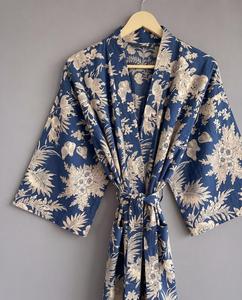 <b>Three</b> Quarter Sleeve Loose Fit Wrap Front Belted Maxi Dress Woven Cotton Japanese Style Animal Print Women's Kimono Robe - Product Image 4