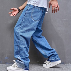 Wholesale Men's Casual Denim Wear 438G Heavyweight Grey-Black Washed <b>Wide</b> Leg Baggy Denim Jeans Trousers - Product Image 5