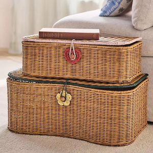 Natural rattan <b>storage</b> <b>trunk</b> set vintage woven <b>storage</b> <b>box</b> with lid durable stackable organizer eco friendly home <b>storage</b> - Product Image 1