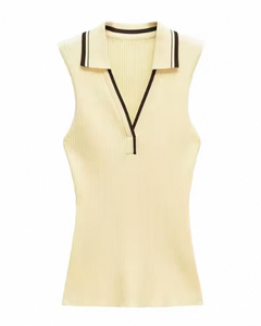 Chaleco de punto acanalado para mujer, estilo polo, vintage, a rayas, sin mangas, top casual, elegante, a la moda, camiseta sin mangas de verano - Product Image 2