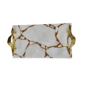 Plateau de service rectangulaire décoratif en marbre blanc naturel de haute qualité avec poignées en métal feuille de fougère dorée, écologique pour la maison - Product Image 5