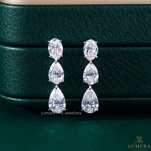 Oval Pear Cut Lab Grown Diamond Triple Drop <b>Earrings</b> Multi Stone Linear Dangle <b>Fine</b> 10k Gold Plated Minimalist Jewelry - Product Image 1