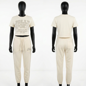 Women Brown 320 GSM Cotton Polyester Fleece Crop <b>Top</b> Jogger Set <b>Rhinestone</b> Heat Transfer Custom Logo Women's Set - Product Image 4