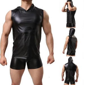 Camisas de gimnasio de cuero de manga corta de fabricación OEM para hombre, transpirables con cierre de cremallera y capucha - Product Image 6