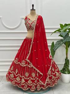 <b>Red</b> Embroidered <b>Sequins</b> Zari Lehenga Choli Dupatta Traditional Indian Wedding Wear for Women Floor-Length Sun Protection Quick - Product Image 5