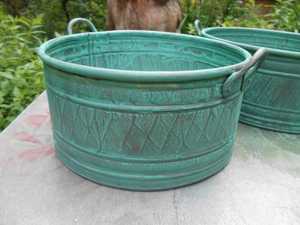 Rustic Metal Antique Green Patina <b>Planter</b> Round Galvanized Finish Outdoor Tub Heavy Duty <b>Planters</b> Pots - Product Image 3