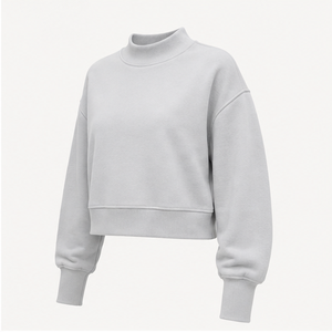 Custom Light Gray <b>Womens</b> Cropped Mock Neck Sweatshirt Drop Shoulder Ribbed Hem <b>Pullover</b> WSS-0031 - Product Image 4