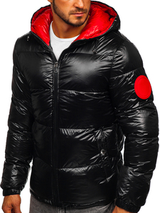 Men's Black Hooded Puffer <b>Jacket</b> With <b>Red</b> Lining And Sleeve Patch Windproof Winter Casual Coat Zipper Closure - Product Image 4