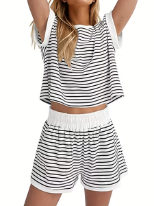 Women's Fashion Loungewear Two-Piece Set Floral Color Block Short-Sleeved T-Shirt Matching Elastic Waist Pocket 100% Cotton - Product Image 5