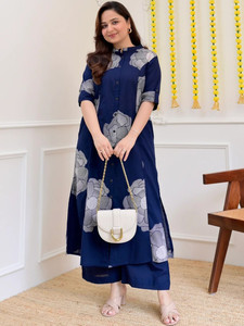 Conjunto de Kurta Tradicional de Algodón Azul Marino Estampado de Secado Rápido para Mujer, Corte Regular, Ropa Casual Étnica de India y Pakistán - Product Image 1