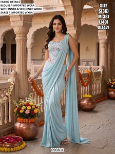 Sari élégant vert menthe émeraude royal avec broderie de sequins et blouse assortie, longueur au sol, séchage rapide, pour femme, idéal pour les mariages - Product Image 4