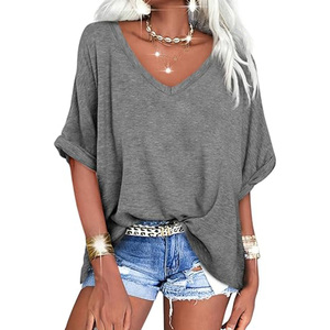 Camiseta Negra Oversize de Cuello en V para Mujer, Manga Corta, Corte Holgado, Color Sólido, Algodón Jersey, Estilo Casual Primavera Verano - Product Image 5