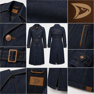 Abrigo de mezclilla índigo crudo para hombre, estilo gabardina, doble botonadura, largo, con cinturón, estilo streetwear, ropa exterior - Product Image 4