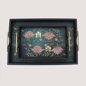 Plateau décoratif rectangulaire avec motif floral et poignées dorées, panneau en bois traditionnel, 2 pièces - Product Image 4