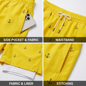 <b>Men's</b> Professional 2-in-1 Swim Shorts with Secure Pocket Anti-Chafe Liner Yellow Anchor <b>Trunks</b> Custom Branding Gear - Product Image 6