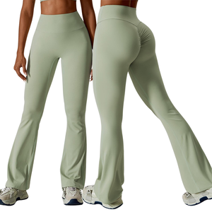 Mid Waist Flared Leg Yoga <b>Leggings</b> Plaid Pattern Full Length Seamless Four-Way Stretch Drawstring Closure Eco-Friendly Women's - Product Image 5