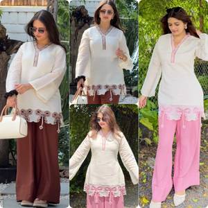 Conjunto Indio-Pakistaní Color Rosa Crema, Túnica Bordada de Seda, Pantalones Palazzo, Atuendo Tradicional para Mujer, Ropa Casual para Mujer, Ajuste Cómodo - Product Image 6
